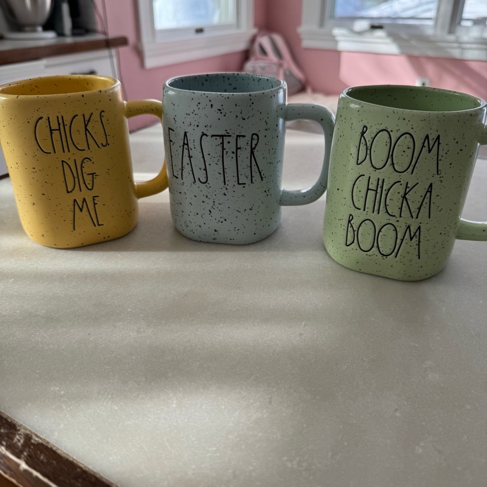 Rae Dunn Easter mug set of 3 pastel spring colorful‎ boom chicka boom chicks